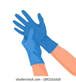 Hospital doctor wearing medical latex gloves on hands. Vector