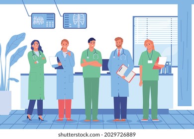 Hospital doctors composition with clinics reception scenery and doodle style characters of medical specialists in uniform vector illustration
