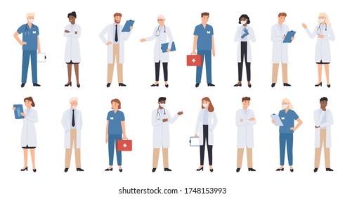 Hospital Doctors And Nurses. Doctor With Stethoscope, Nurse In Scrubs And Face Mask. Medical Student Volunteer And Intern Character. Medical Staff Vector Illustration. Profession Physician In Uniform