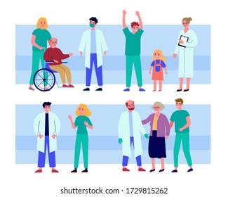 Hospital doctors and patients set. Flat vector illustrations of nurses, senior people in wheelchair and kid. Medical consultation and assistance concept for banner, website design or landing web page