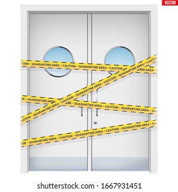 Hospital doors with warning yellow tapes. Element from medical hall. Emergency entrance with Epidemic barrage lines. Vector Illustration isolated on white background.