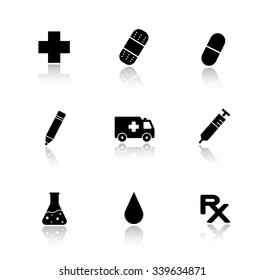 Hospital Drop Shadow Icons Set. Ambulance Car, Medicine Pill, Blood Drop Symbol, Medical Lab Beaker, Prescription Sign, Bandaid. Cast Shadow Logo Concepts. Vector Black Silhouette Illustrations