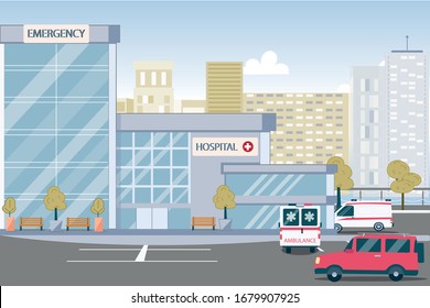 Hospital and Emergency Center Building. Two Parked Ambulance Van, Car Driving by. Clinic Exterior. Front View on Medical Architectural Construction. Healthcare Service. Vector Cityscape Illustration