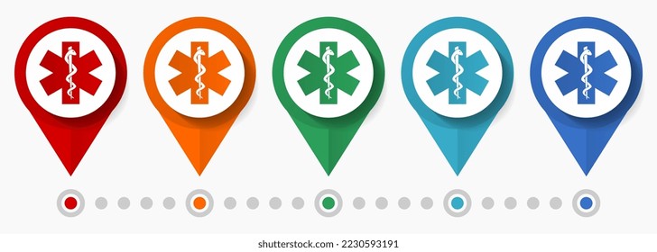 Hospital, concepto de emergencia conjunto de iconos vectores, punteros de diseño plano, plantilla infográfica