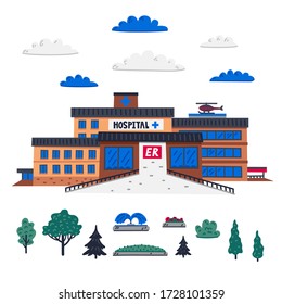 Hospital. Emergency department of hospital - main building and elements for creating your own composition. Healthcare and medicine theme. Flat style vector illustration on white background