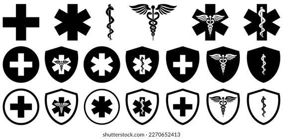 Hospital and emergency vector icon set, collection of medical symbols isolated on white background