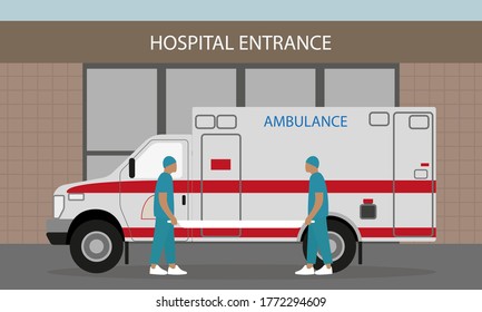 Hospital entrance, ambulance and two orderlies in uniform with empty stretchers in their hands