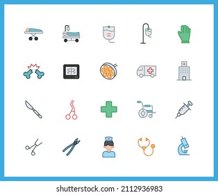 Hospital Equipment Color Icons. Set Of Patient, Nurse Symbols Drawn With Thin Contour Lines. Vector Illustration.