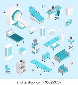 Hospital Equipment And Furniture Isometric Icons Set Isolated Vector Illustration