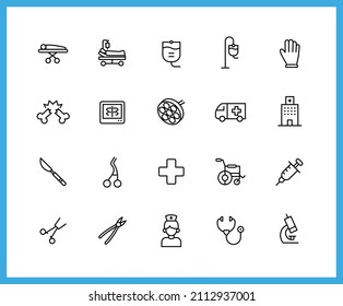 Hospital Equipment Linear Icons. Set Of Patient, Nurse Symbols Drawn With Thin Contour Lines. Vector Illustration.
