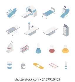 Hospital equipment and medicines isometric icons set isolated vector illustration.