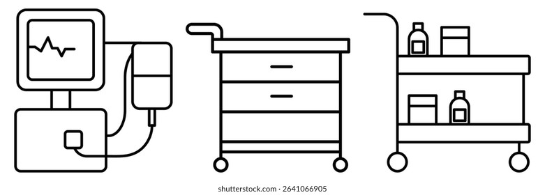 Hospital equipment trolley monitor supply cart medicine drawer outline icon vector illustration for clinical healthcare emergency patient care system.