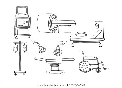 Colección de iconos de equipamiento de hospital. Juego de íconos de equipo del hospital Doodle. Icono conjunto de equipos clínicos