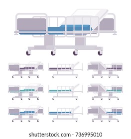 Hospital examination couch set. Medical patients exam bed, ward equipment, healthcare accessories, furniture, comfortable surface. Vector flat style cartoon illustration on white background