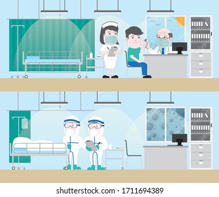 Hospital Examination Room Before And After Covid-19. Corona Virus Pandemic Patient Death In Medical Bed Doctor And Nurse With Personal Protective Equipment. Cartoon Flat Style Gloomy Lifeless Concept