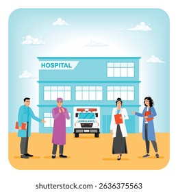 A hospital exterior with medical professionals and an ambulance, symbolizing healthcare. Professionalism and teamwork are key elements. Hospital medical staff concept.