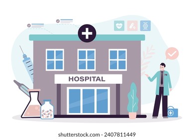 Hospital, exterior, vista exterior. Clínica profesional con médico, farmacia y medicación. Asistencia para la expansión y visualización urgentes de píldoras de la enfermedad. ilustración vectorial plana