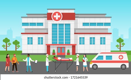 Hospital Exterior. Panorama Medical Building, Health Centre. Emergency Service, Ambulance Car, Hospitalized Patients And Doctor Vector Healthcare Concept