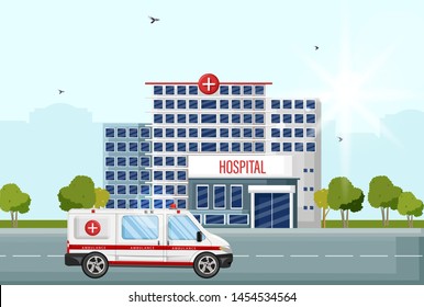 Hospital Facade Street View Vector Flat Style. Ambulance Car At The Entrance