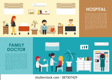 Hospital and Family Doctor flat hospital interior concept web vector illustration. Doctor, Nurse, Patient, Healthcare. Medicine service presentation