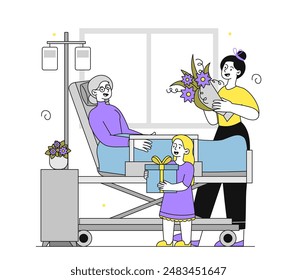 Hospital family visit. Woman with bouquet of flowers and daughter came to visit grandmother. Visit to patient in hospital. Treatment, medicine and health care. Linear flat vector illustration