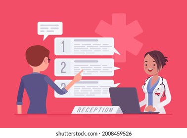 Hospital female administrator, professional healthcare receptionist and patient visitor. Girl welcoming man, fixing clinic appointment using medical software, giving information. Vector illustration