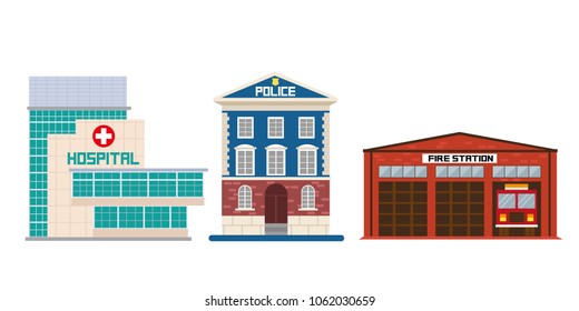 Hospital, Fire Department, Police Station, Building, Flat, Vector