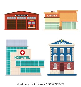 Hospital, fire department, police station, library, building, flat, vector