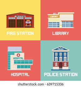 Hospital, Fire Department, Police Station, Library, Building, Flat, Vector