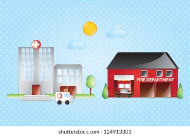 Hospital and fire station, with sun and clouds on blue background