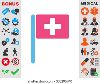 Hospital Flag vector icon with bonus. Style is bicolor flat symbol, pink and blue colors, rounded angles, white background.