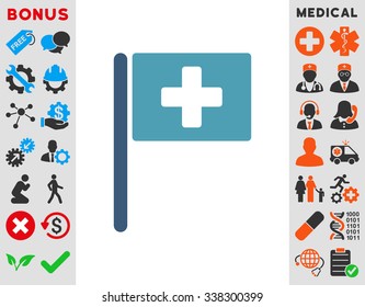 Hospital Flag vector icon with bonus. Style is bicolor flat symbol, cyan and blue colors, rounded angles, white background.