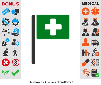 Hospital Flag vector icon with bonus. Style is bicolor flat symbol, green and gray colors, rounded angles, white background.