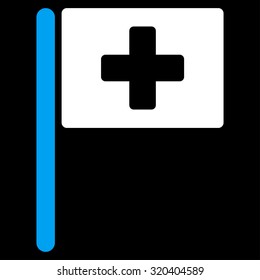 Hospital Flag vector icon. Style is bicolor flat symbol, blue and white colors, rounded angles, black background.