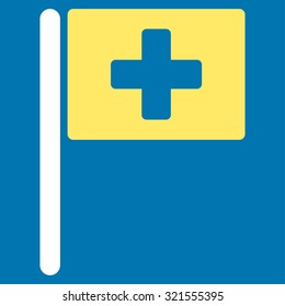 Hospital Flag vector icon. Style is bicolor flat symbol, yellow and white colors, rounded angles, blue background.