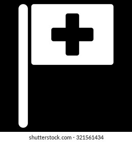 Hospital Flag vector icon. Style is flat symbol, white color, rounded angles, black background.