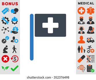 Hospital Flag vector icon. Style is bicolor flat symbol, smooth blue colors, rounded angles, white background.