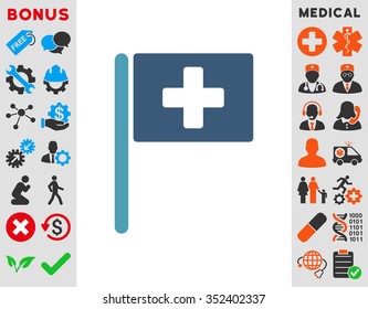 Hospital Flag vector icon. Style is bicolor flat symbol, cyan and blue colors, rounded angles, white background.
