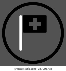 Hospital Flag vector icon. Style is bicolor flat circled symbol, black and white colors, rounded angles, gray background.