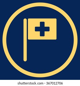 Hospital Flag vector icon. Style is flat circled symbol, yellow color, rounded angles, blue background.
