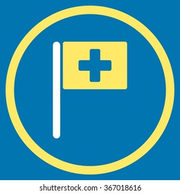 Hospital Flag vector icon. Style is bicolor flat circled symbol, yellow and white colors, rounded angles, blue background.