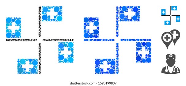 Hospital flags composition of small circles in different sizes and color hues, based on hospital flags icon. Vector small circles are organized into blue illustration.