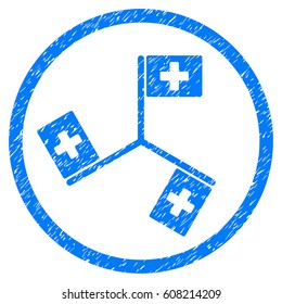 Hospital Flags grainy textured icon inside circle for overlay watermark stamps. Flat symbol with unclean texture.