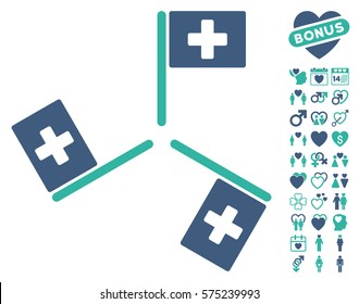 Hospital Flags icon with bonus decoration graphic icons. Vector illustration style is flat rounded iconic cobalt and cyan symbols on white background.