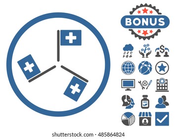 Hospital Flags icon with bonus elements. Vector illustration style is flat iconic bicolor symbols, cobalt and gray colors, white background.