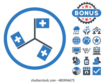 Hospital Flags icon with bonus elements. Vector illustration style is flat iconic bicolor symbols, smooth blue colors, white background.