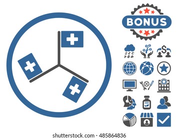 Hospital Flags icon with bonus pictures. Vector illustration style is flat iconic bicolor symbols, cobalt and gray colors, white background.