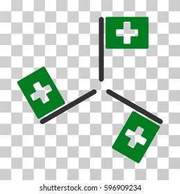Hospital Flags icon. Vector illustration style is flat iconic bicolor symbol, green and gray colors, transparent background. Designed for web and software interfaces.