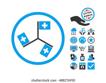 Hospital Flags pictograph with bonus elements. Vector illustration style is flat iconic bicolor symbols, blue and gray colors, white background.