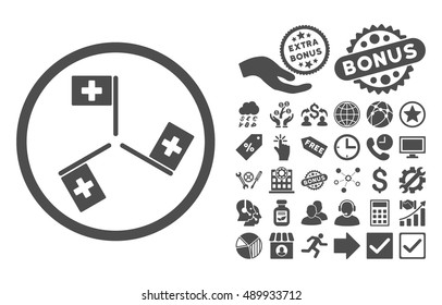 Hospital Flags pictograph with bonus images. Vector illustration style is flat iconic symbols, gray color, white background.